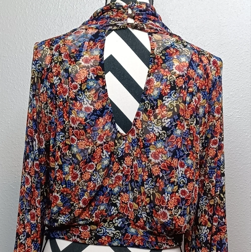 Free People All Dolled Up Sz S Boho Whimsigoth Dark Floral Mesh Blouse